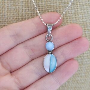 925 Sterling Silver Blue Pink Mother of Pearl Tiered Pendant Ball Chain Necklace